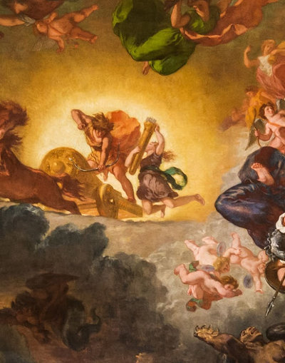 Eugène Delacroix, detail van 'Apollo verslaat Python', plafondschildering in de Galerie d’Apollon in het Louvre, 1850 Photo (C) Musée du Louvre, Dist. RMN-Grand Palais / Olivier Ouadah.